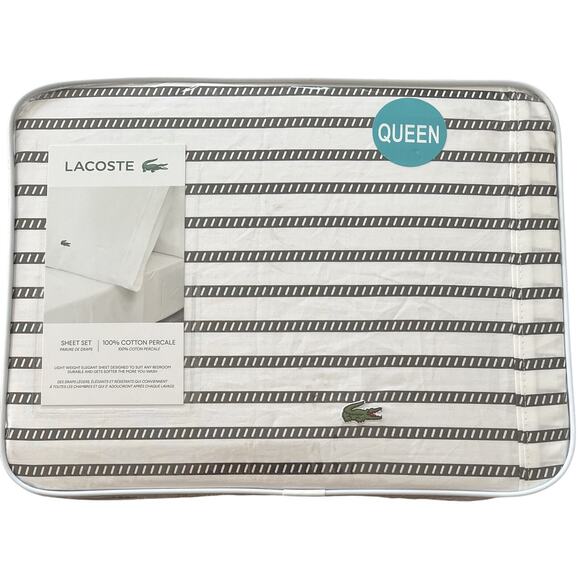 Lacoste Graphic Stripe Gray White 4pc QUEEN Sheet Set 109% Cotton Dark Grey Logo - Picture 1 of 6